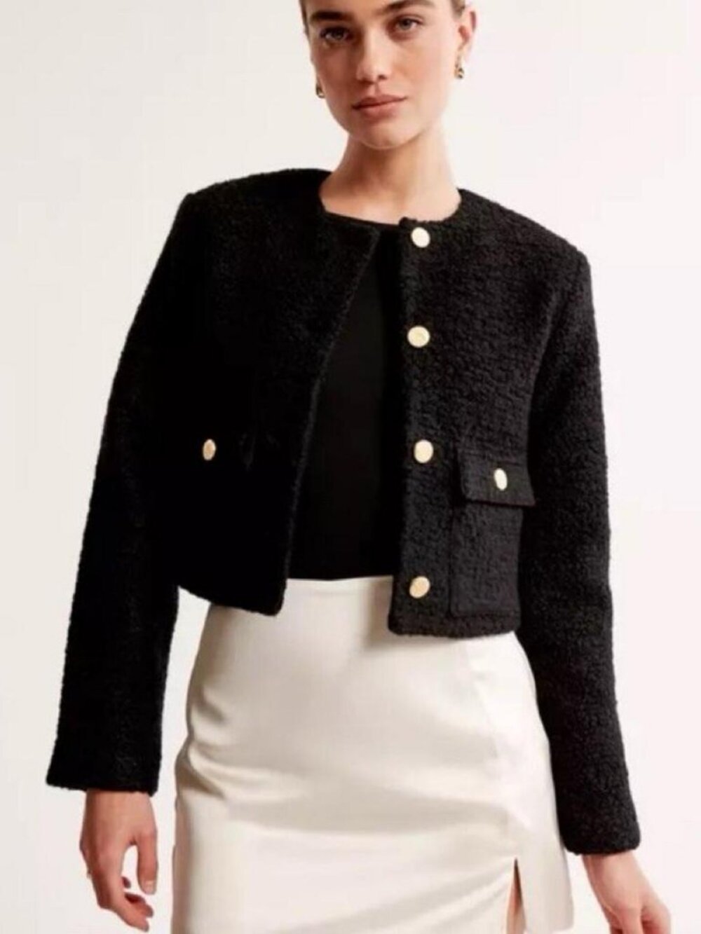 Abercrombie & Fitch Black Boucle Cropped Tweed Jacket Gold Buttons